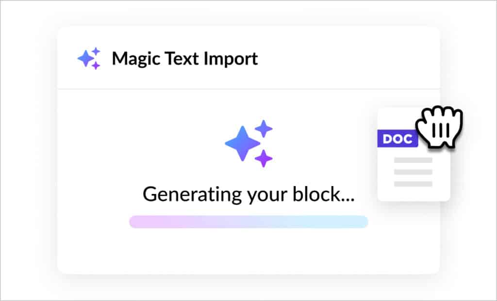 A UI screengrab with the text "magic text import" demonstrates a user importing a Word document source, from which AI generates an online training course block. 