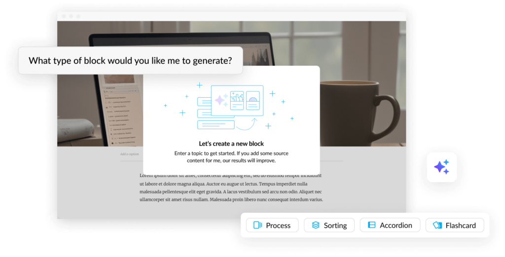 Rise interface asking the user what kind of block they'd like to generate with AI. The options are: process, sorting, accordion, flashcard.
