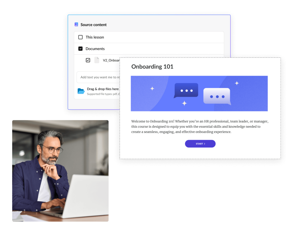 The AI Assistant experience in Rise, in which a person working at a laptop uploads a source document and it's transformed into an Onboarding course.