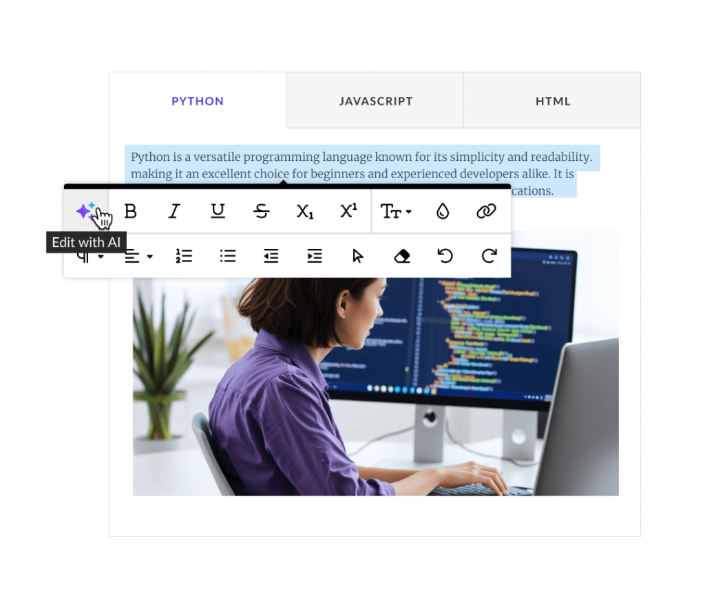 A course creator building technical skills training with Articulate 360. The creator is working on a Tabs Interaction. The tab headings are: “Python,” “JavaScript,” and “HTML.” With the “Python” tab selected, the creator has highlighted all their copy, causing an editing toolbar to appear. The user can now edit the text with AI, adjust the text style and paragraph layout, and perform basic editing functions. The cursor hovers over the 'Edit with AI' option.