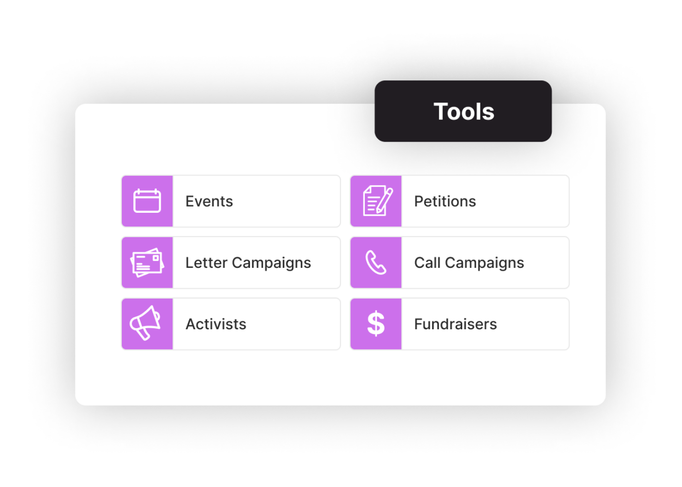 An example product interface displaying options for tools, including: events, letter campaigns, activists, petitions, call campaigns, and fundraisers.