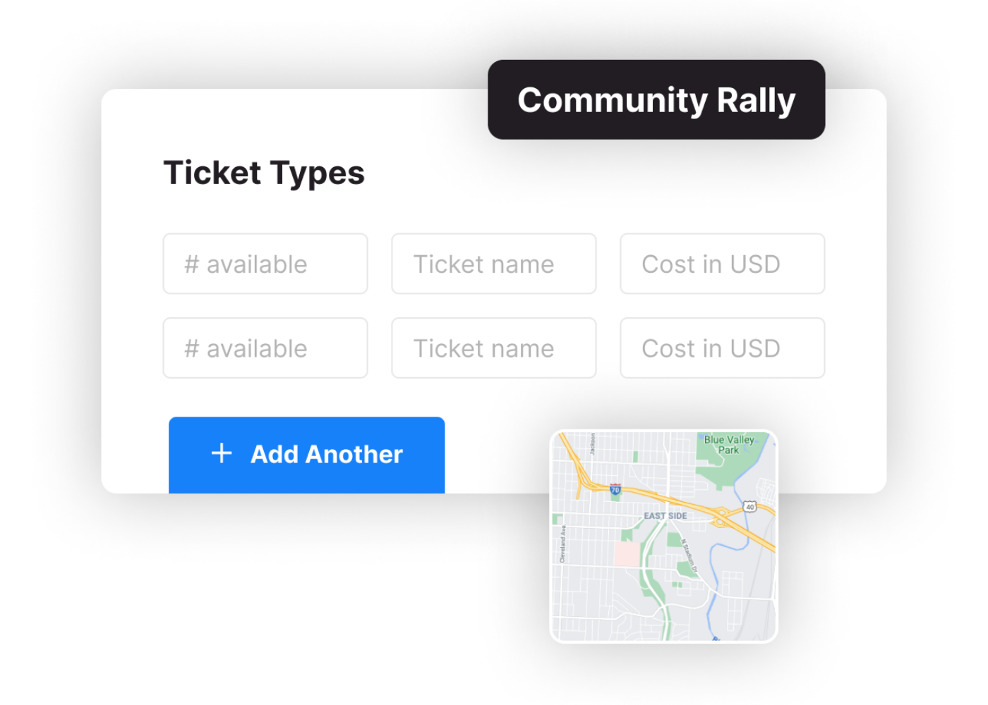 An example product interface displaying ticket types for a "community rally", includes two rows of ticket types with # available, ticket name, cost in USD, and a map.