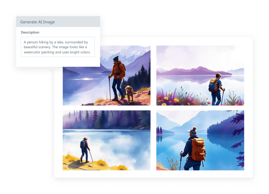 Storyline image generation interface showing a prompt of a person hiking in nature and the 4 beautiful images it generated.