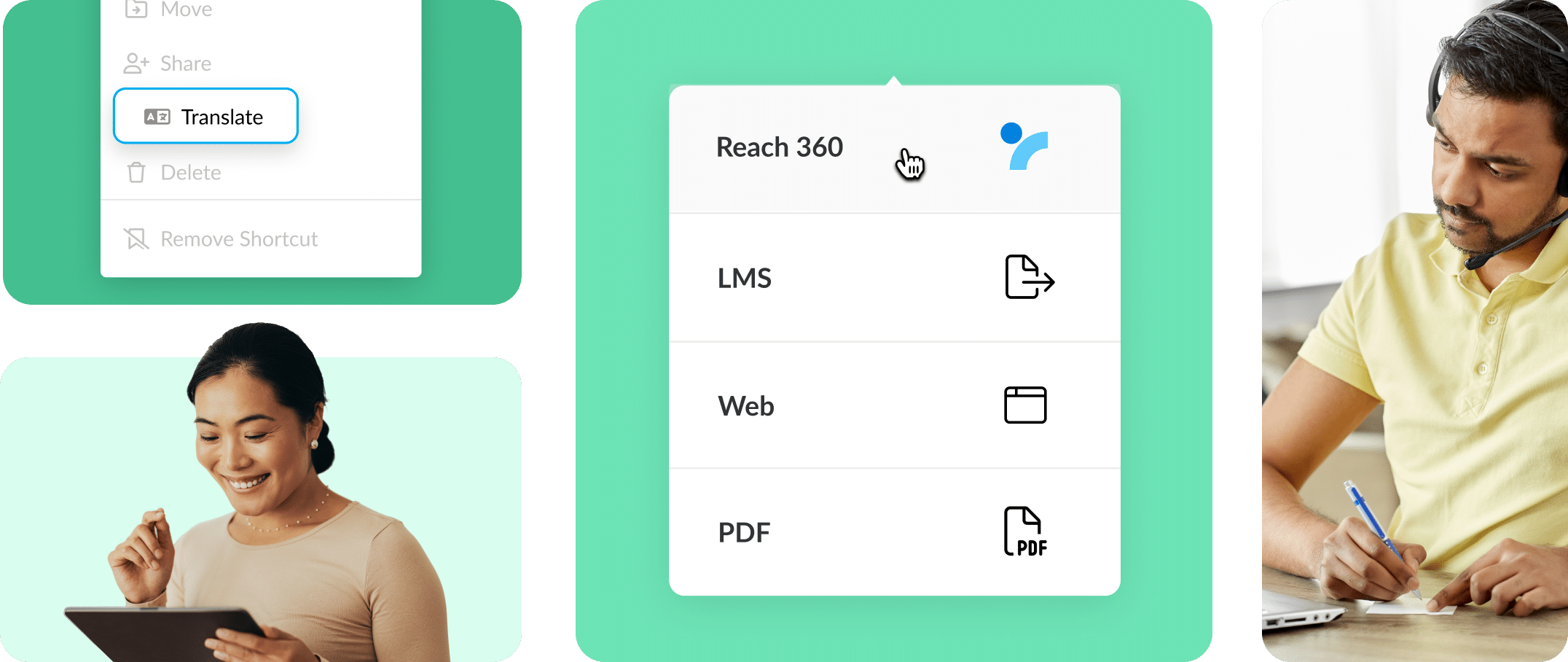 A person translating a course. Another person choosing between course distribution options: Reach 360, LMS, Web, or PDF.