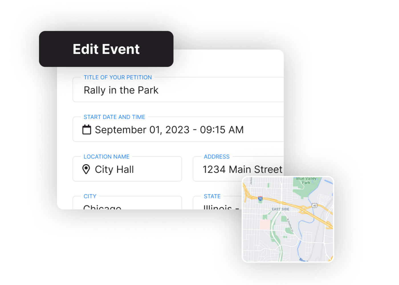 An example product interface displaying how to edit an event. Includes an event description with boxes to add start date and time, location contact information, add image and add video.