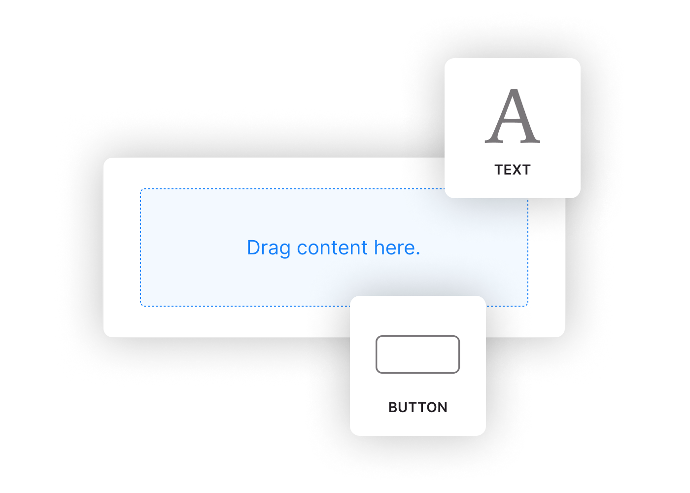 An example product interface displaying how to drag and drop text and button blocks into an email template.