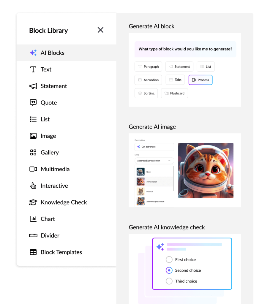 The Block Library in Rise with new options to create with AI, including: generate blocks, images, and knowledge checks.