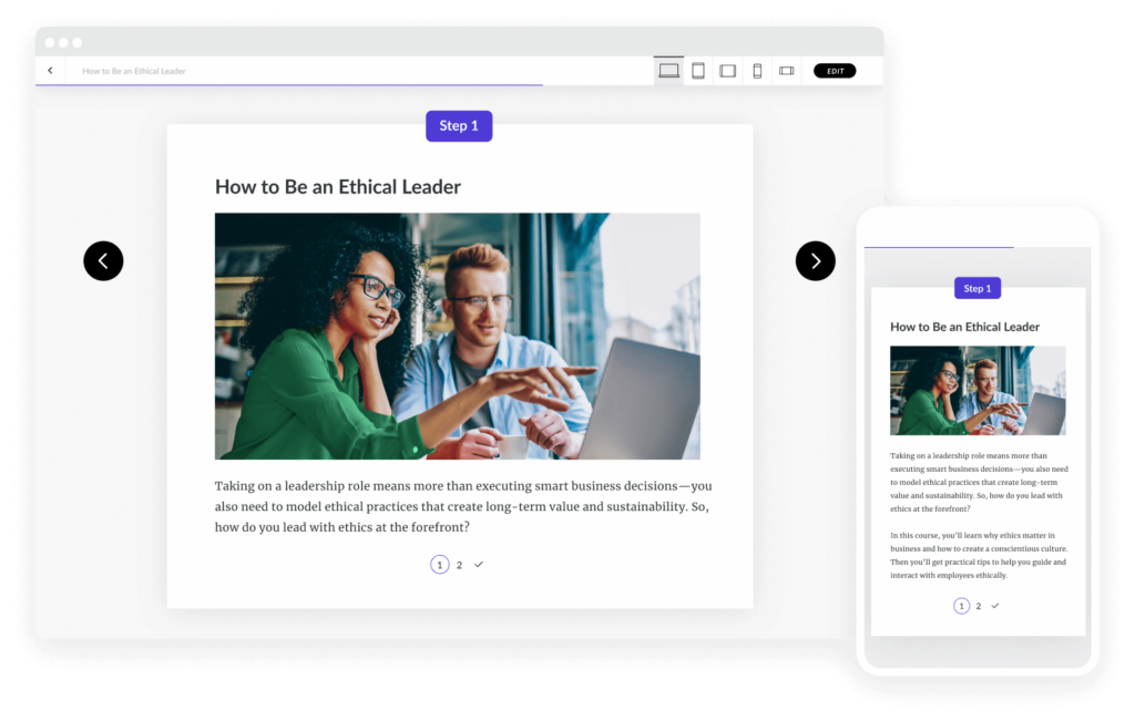 An interactive online course with a process block including a photo and text, displayed in perfect proportion on both desktop and mobile device screens. 