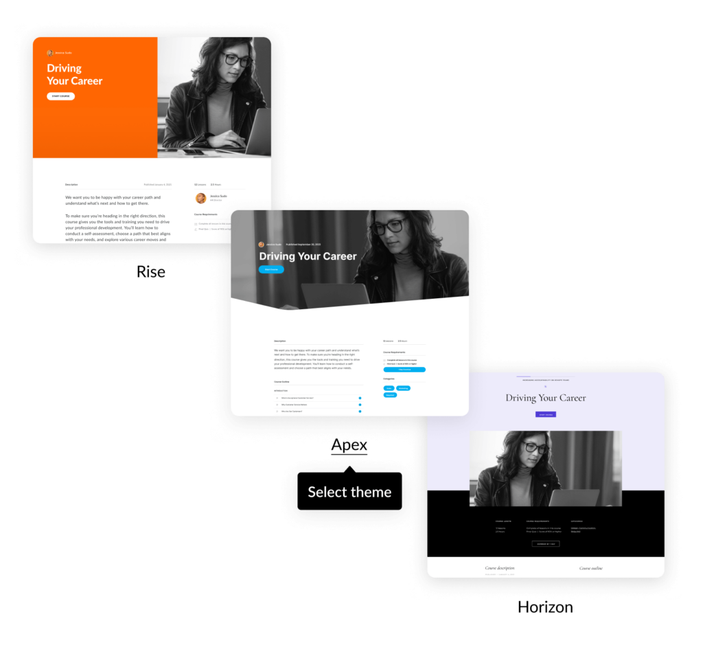 Three images of the same course in different visual styles, highlighting the theme options available in Rise.