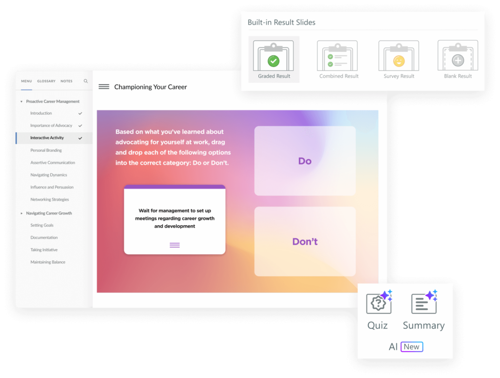 A drag-and-drop question with close-up images of the results slide menu and AI quiz and summary generation options.