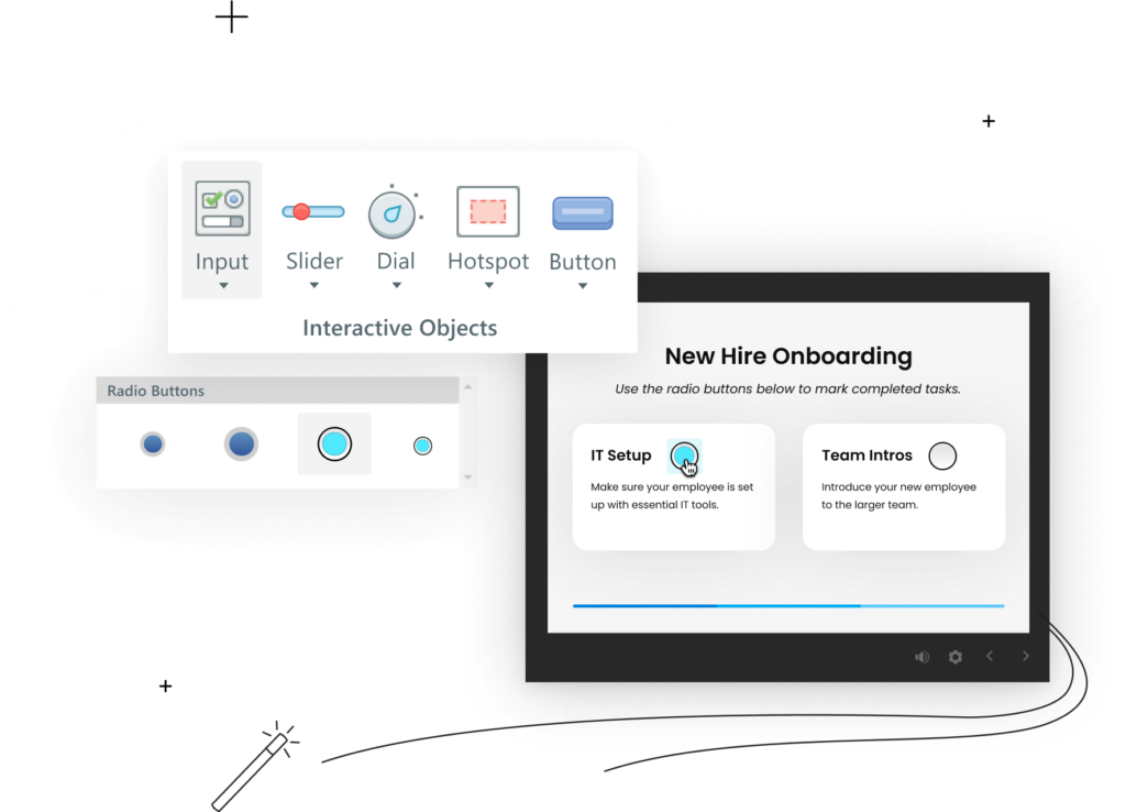 A course showing a slide with two radio buttons alongside the Interactive Objects menu and a selector bar for radio button sizes and colors.