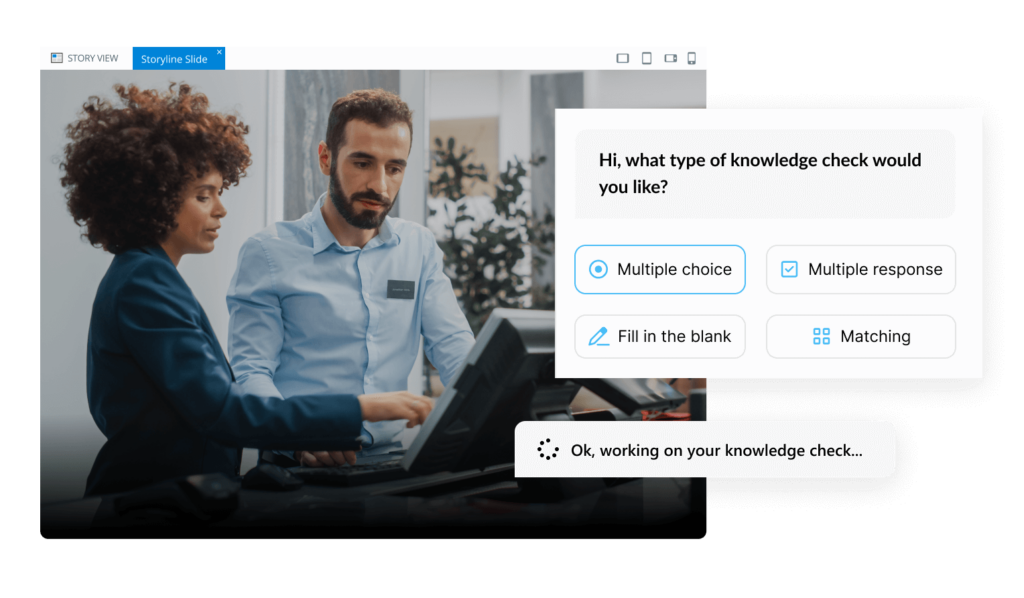 A Storyline slide alongside an image of the AI Assistant knowledge check options, including: multiple choice, multiple response, fill in the blank, and matching.