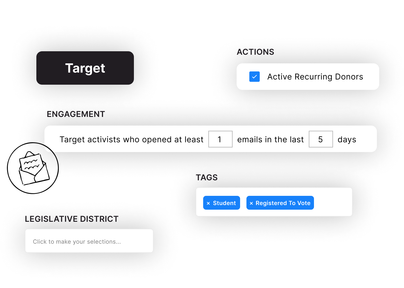 An example product interface displaying a list of selection options to include or exclude for audience targeting. Options include: actions, engagement, legistlative district, and tags