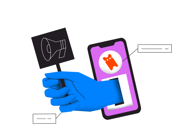 A cartoon illustration of a blue hand coming out of a phone holding a sign with a megaphone on it.