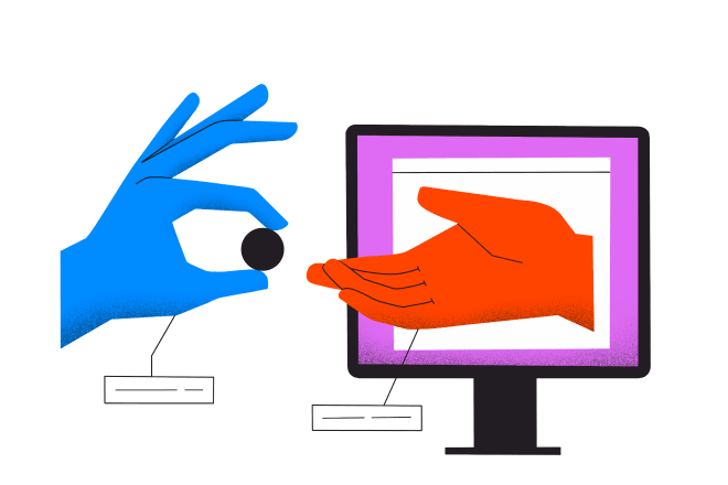 A cartoon illustration of a blue hand passing a black ball to a red hand coming out of a laptop screen.