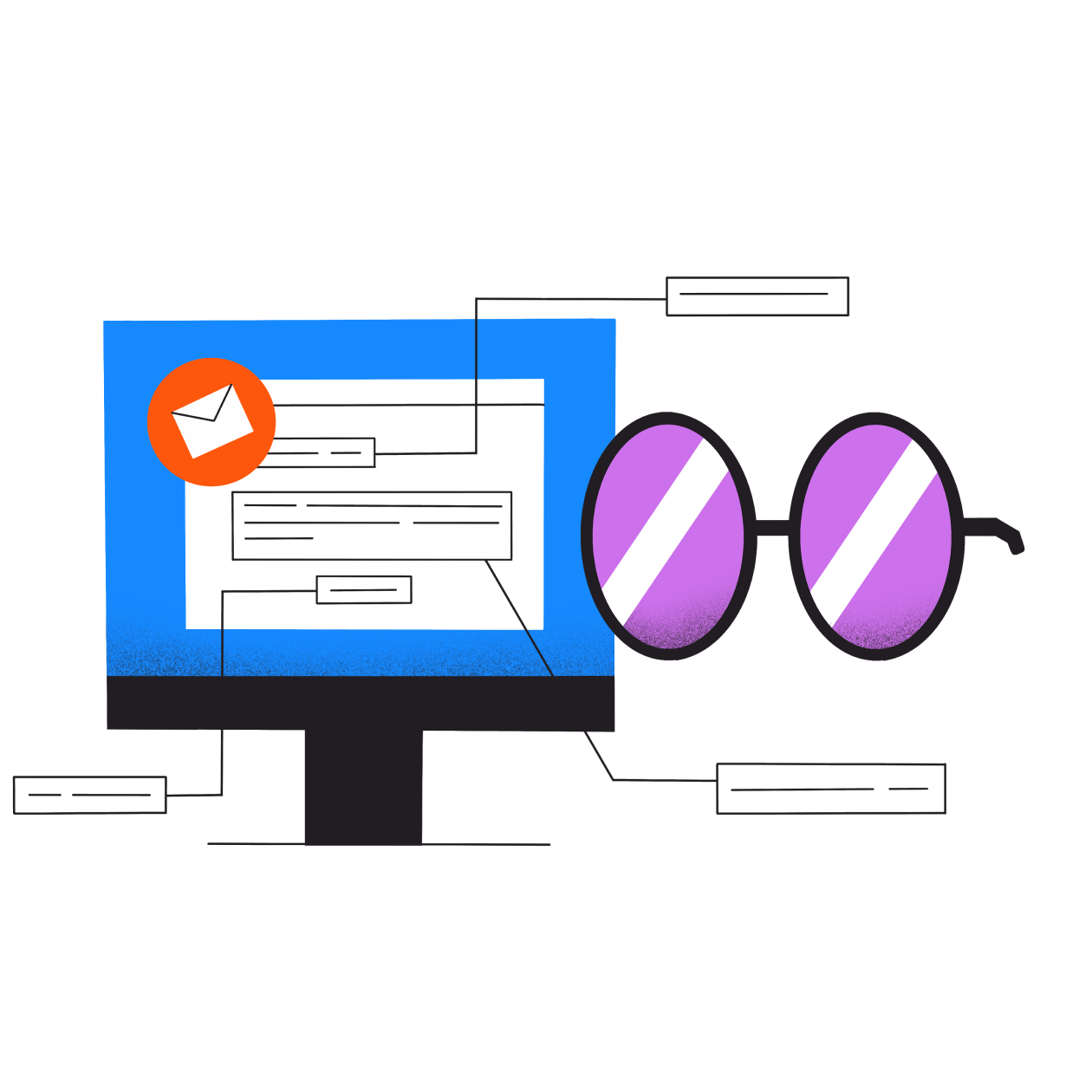 A cartoon illustration of a laptop with messages on the screen and purple glasses facing the screen.