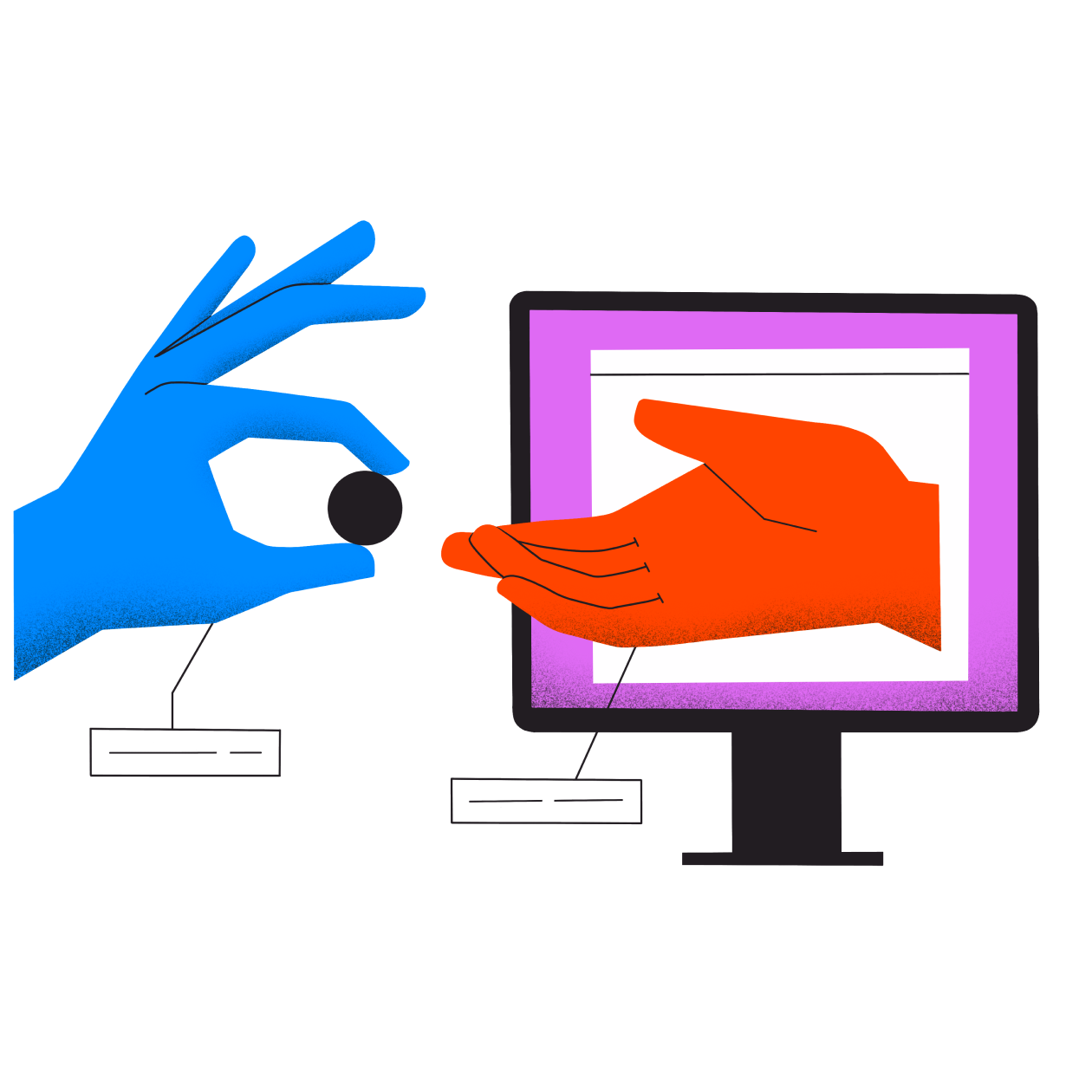 A cartoon illustration of a blue hand passing a black ball to a red hand coming out of a laptop screen.