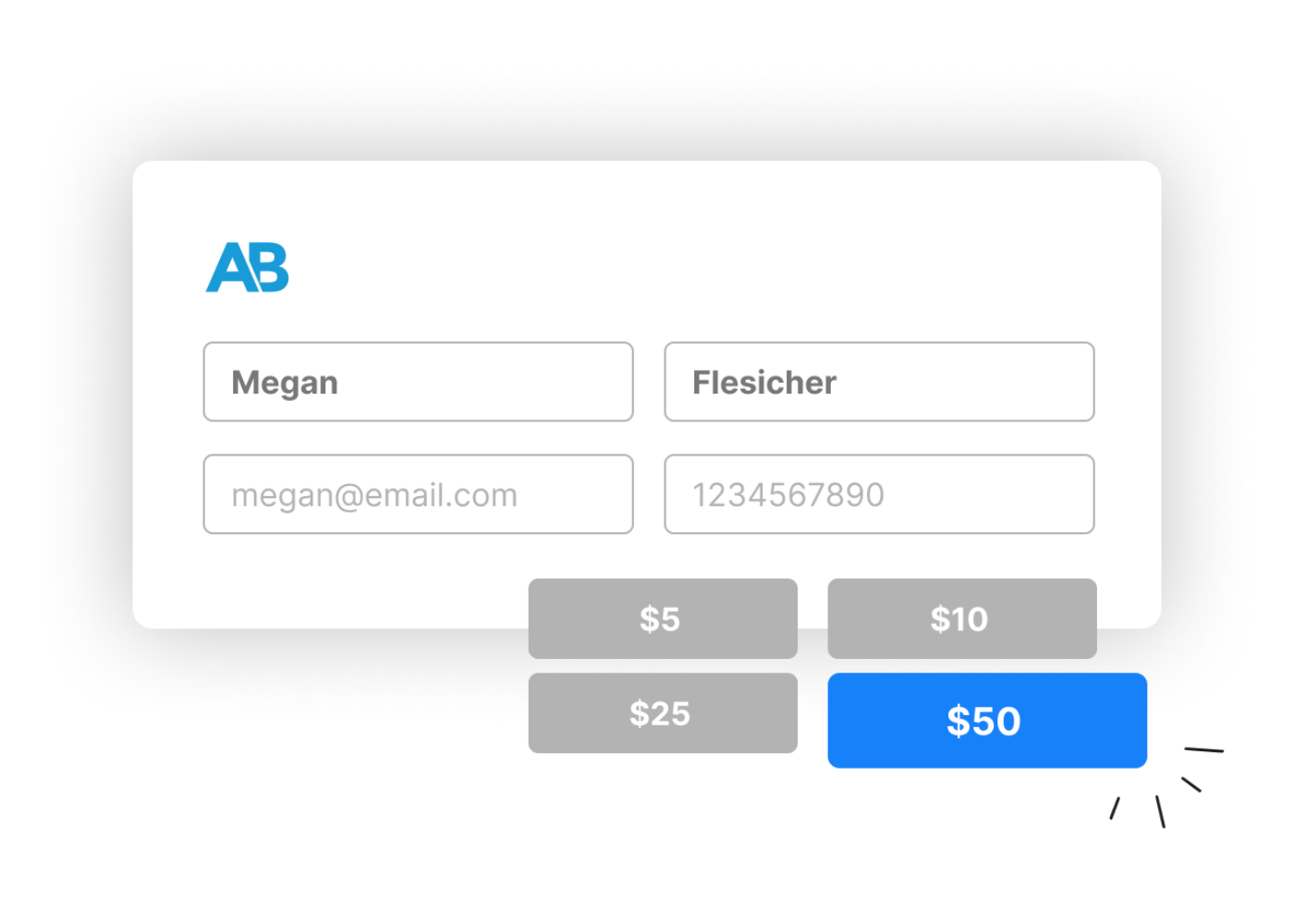 An example product interface displaying a sample Act Blue account holder donating $50.