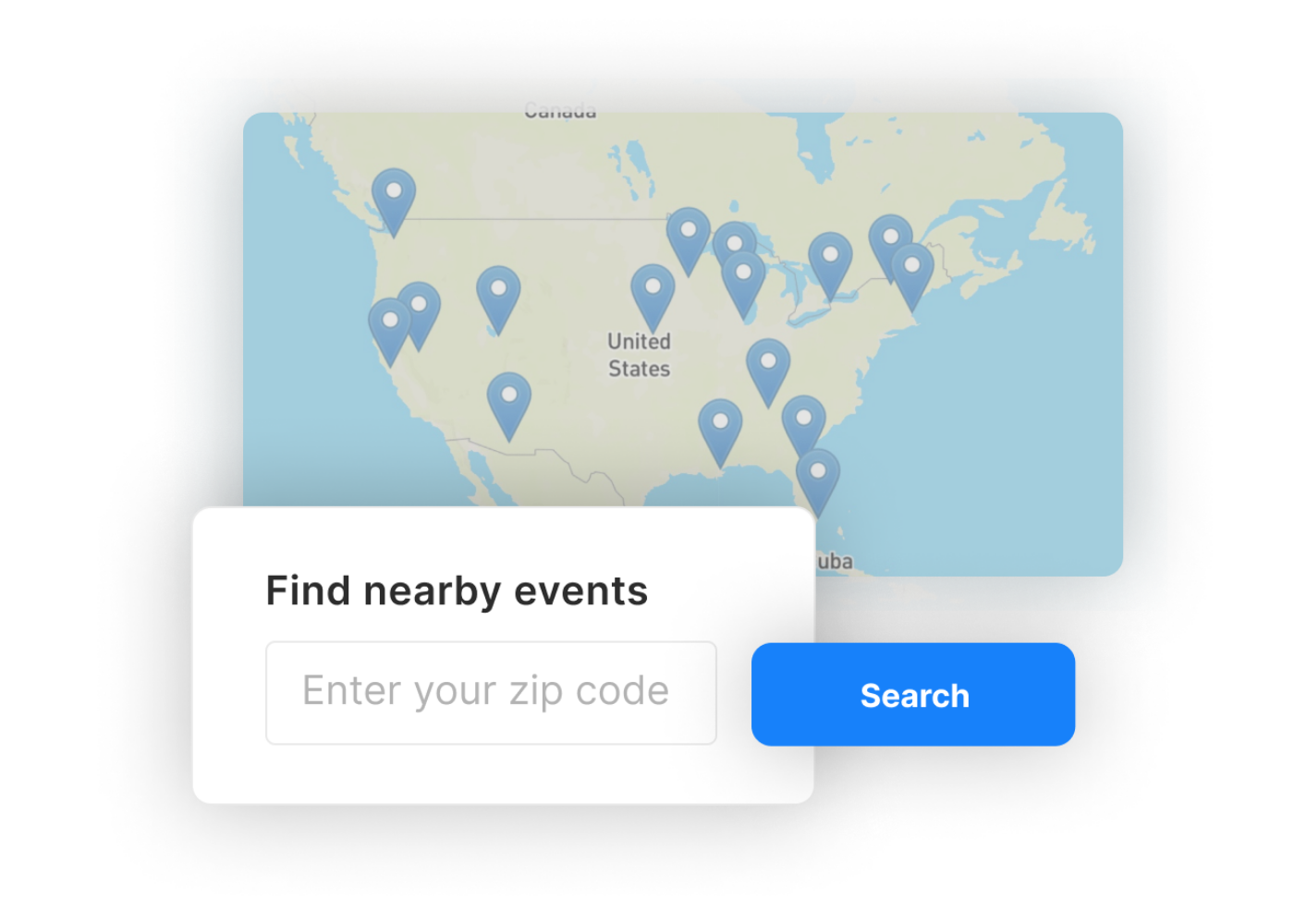 An example product interface displaying a global map with pins and a pop-up box to find nearby events by entering your zip code.