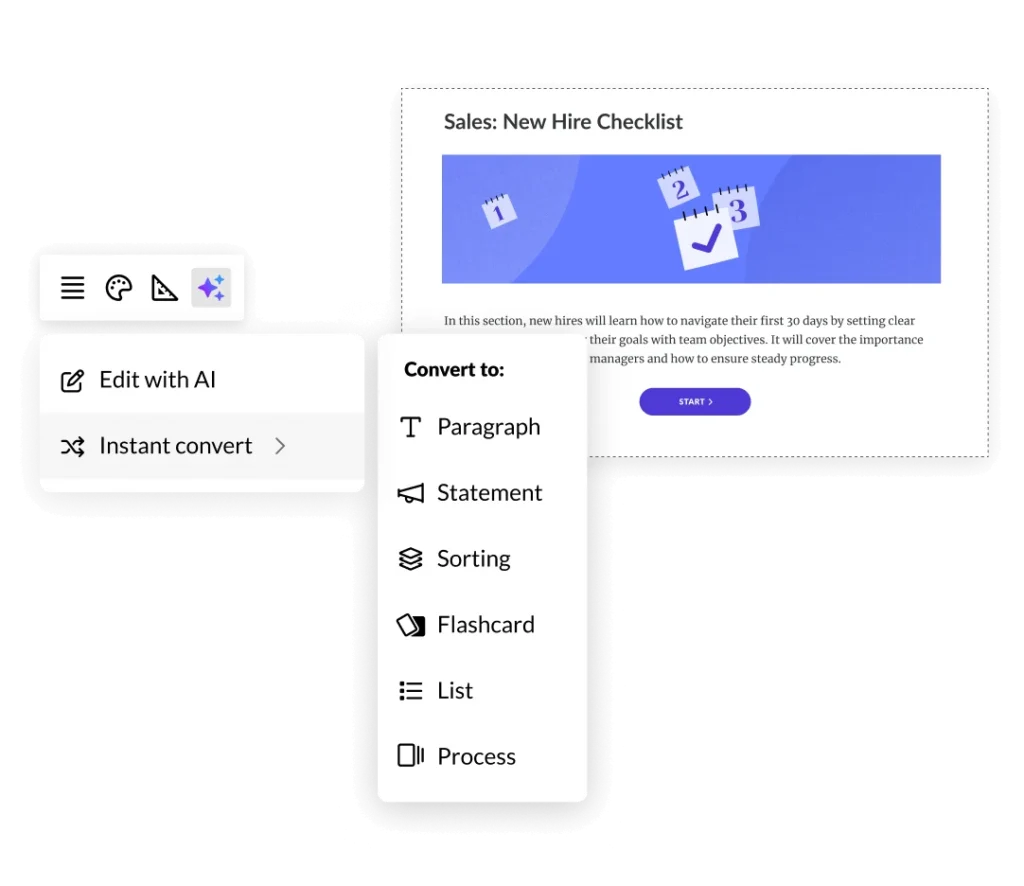 Articulate 360 interface showcasing a process interaction titled “Sales: New Hire Checklist.” Course creators can edit the text with AI or convert the interaction into a paragraph, statement, sorting, flashcard, or list format.